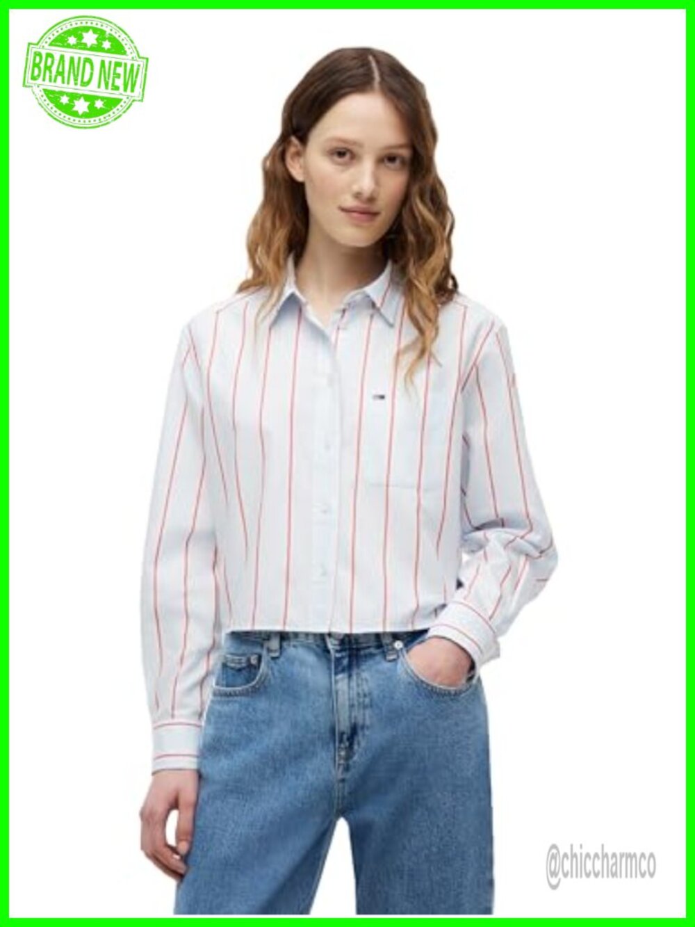 Women's Long Sleeve Cropped Button Down Shirt Relaxed Fit 100% Cotton